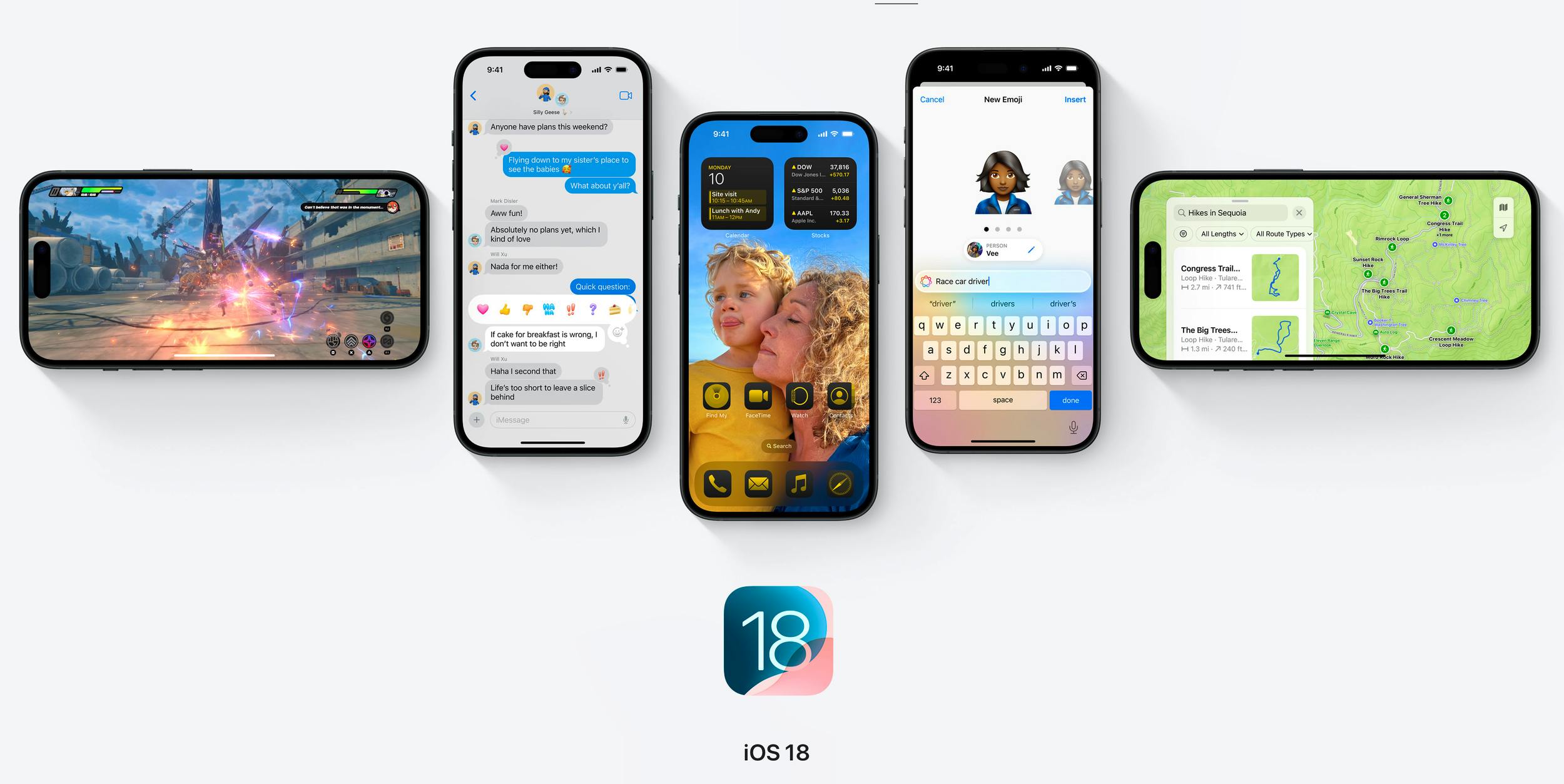 Cinque iPhone mostrano le nuove funzioni di iOS 18: giochi, mappe, emoji, messaggi e schermata iniziale.
