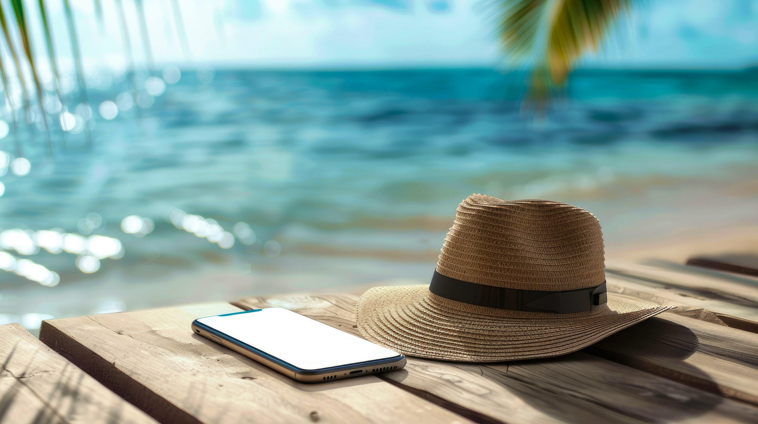 Uno smartphone e un cappello su un pontile di legno davanti al mare.