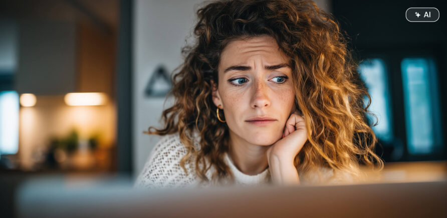 Person prüft E-Mail am Laptop, verdächtige Nachricht mit Phishing-Hinweisen sichtbar.