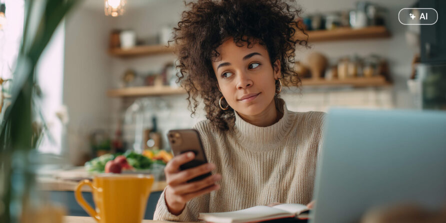 Person erstellt KI-gestützte Einkaufsliste Smartphone. Eine Person nutzt Smartphone zur Erstellung einer digitalen Einkaufsliste mit KI-Unterstützung, realistisches Home-Szenario.