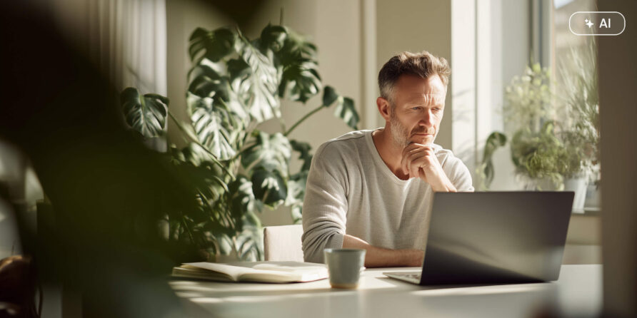 Person sitzt am Laptop und lässt eine künstliche Intelligenz eine verdächtige Nachricht auf möglichen Betrug prüfen.