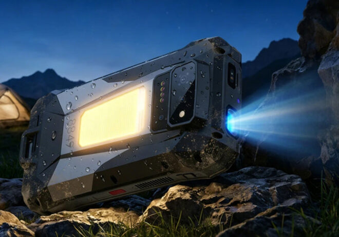 Das Projektorhandy 8849 Tank X Rugged liegt mit eingeschaltetem Projektor bei Nacht auf felsigem Untergrund in den Bergen. 