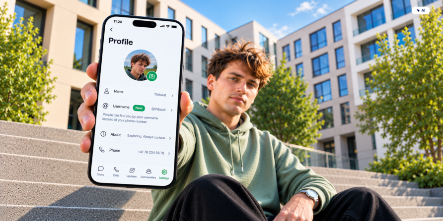 Configurer son nom d'utilisateur WhatsApp : on voit la fonction « nom d'utilisateur » dans le profil WhatsApp sur un smartphone, tandis qu'une personne est assise devant des immeubles résidentiels modernes.