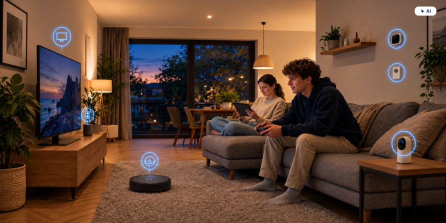 Zwei Jugendliche genießen ein smartes Zuhause mit vielen vernetzten Geräten.