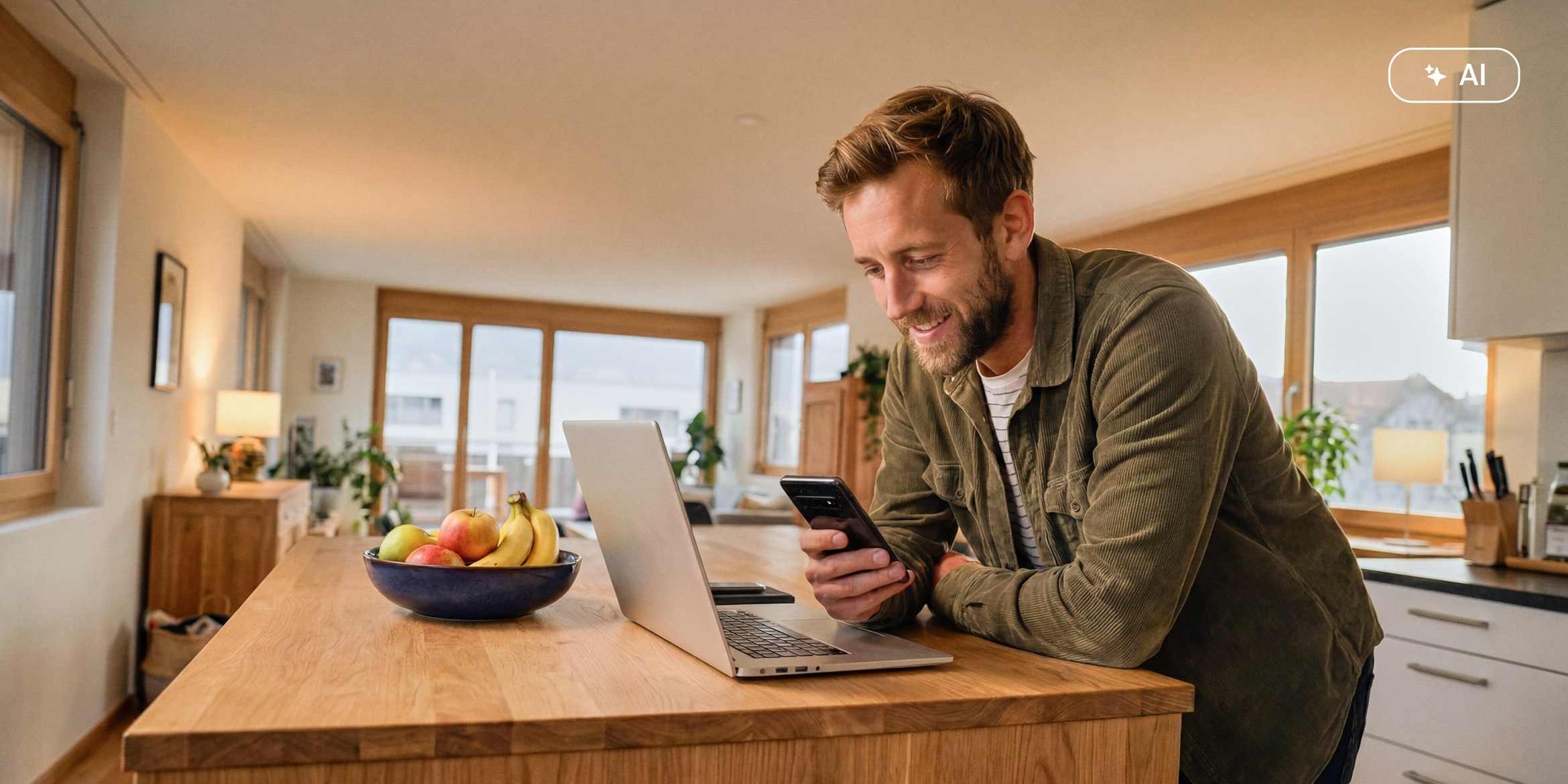 Une personne utilise son ordinateur portable et son smartphone en toute sécurité dans un quotidien connecté.